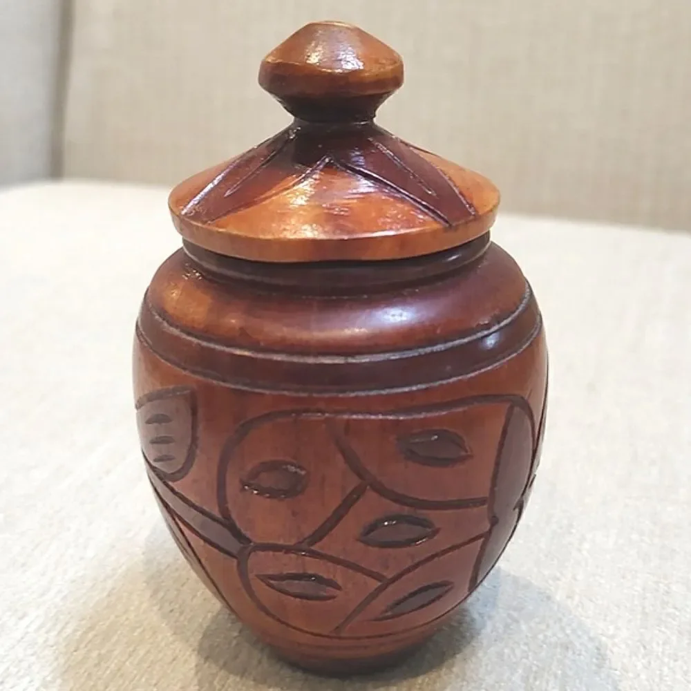 Vintage Small 2-Toned Carved Wood Floral Lidded Jar